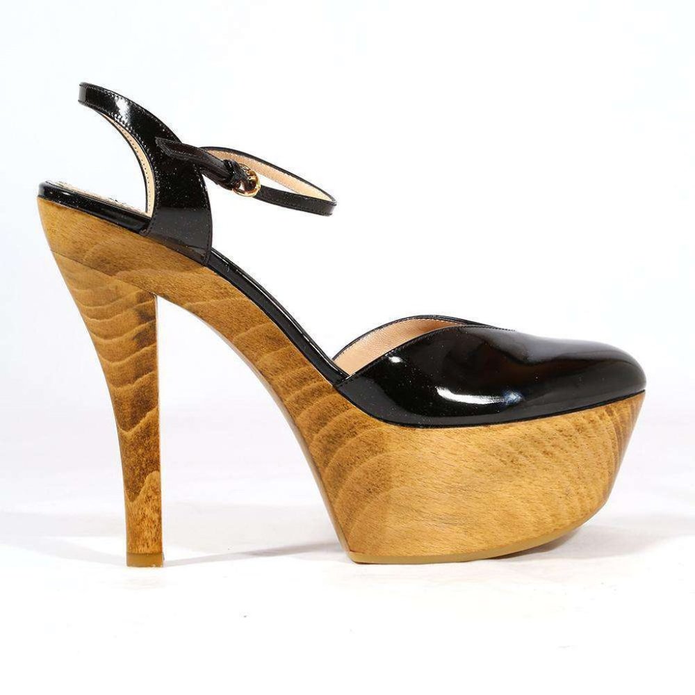New Gucci Black Patent Leather Round-Toed Wood Platform Shoes